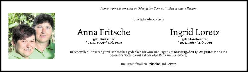  Todesanzeige für Anna Fritsche vom 13.08.2020 aus Vorarlberger Nachrichten