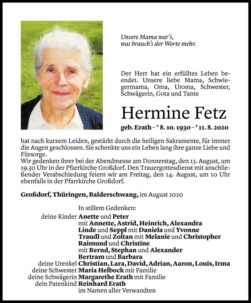  Todesanzeige für Hermine Fetz vom 11.08.2020 aus Vorarlberger Nachrichten