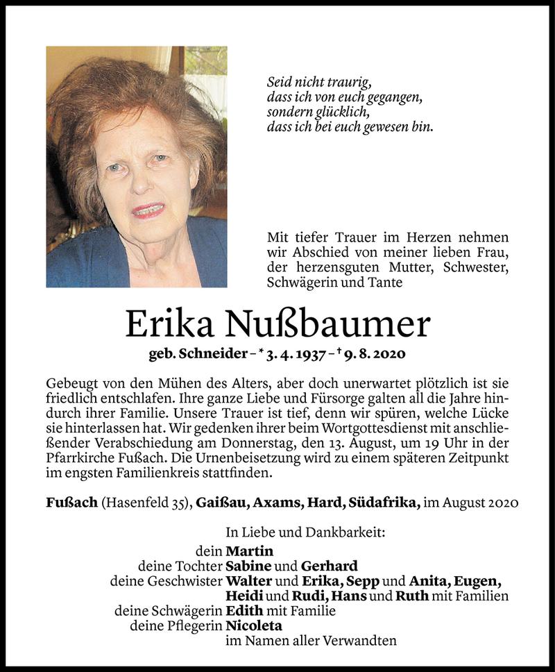  Todesanzeige für Erika Nußbaumer vom 12.08.2020 aus Vorarlberger Nachrichten