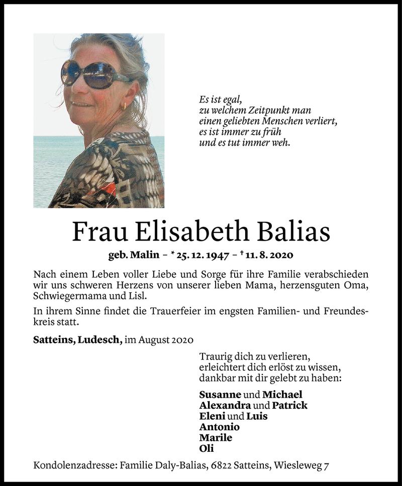  Todesanzeige für Elisabeth Balias vom 14.08.2020 aus Vorarlberger Nachrichten