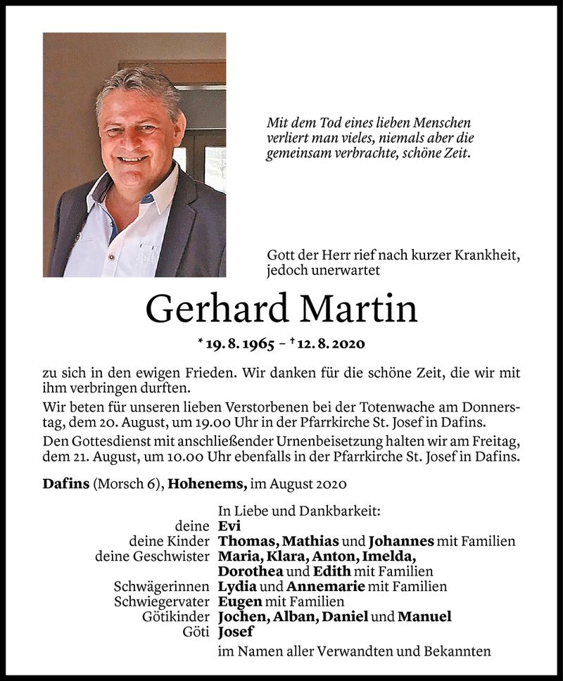  Todesanzeige für Gerhard Martin vom 14.08.2020 aus Vorarlberger Nachrichten