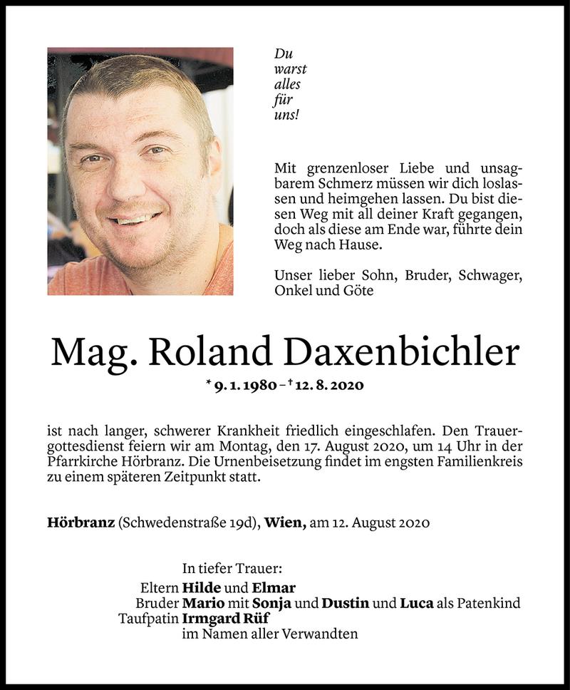  Todesanzeige für Roland Daxenbichler vom 13.08.2020 aus Vorarlberger Nachrichten