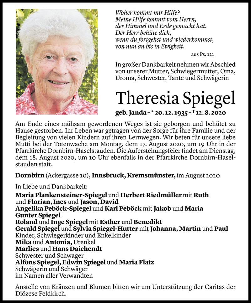  Todesanzeige für Theresia Spiegel vom 13.08.2020 aus Vorarlberger Nachrichten