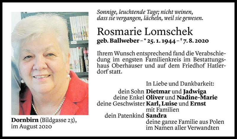  Todesanzeige für Rosmarie Lomschek vom 14.08.2020 aus Vorarlberger Nachrichten