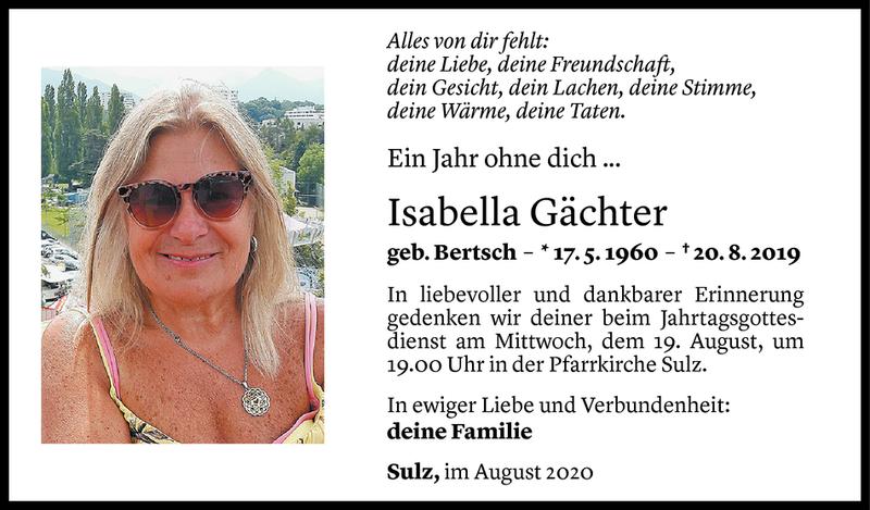  Todesanzeige für Isabella Gächter vom 17.08.2020 aus Vorarlberger Nachrichten