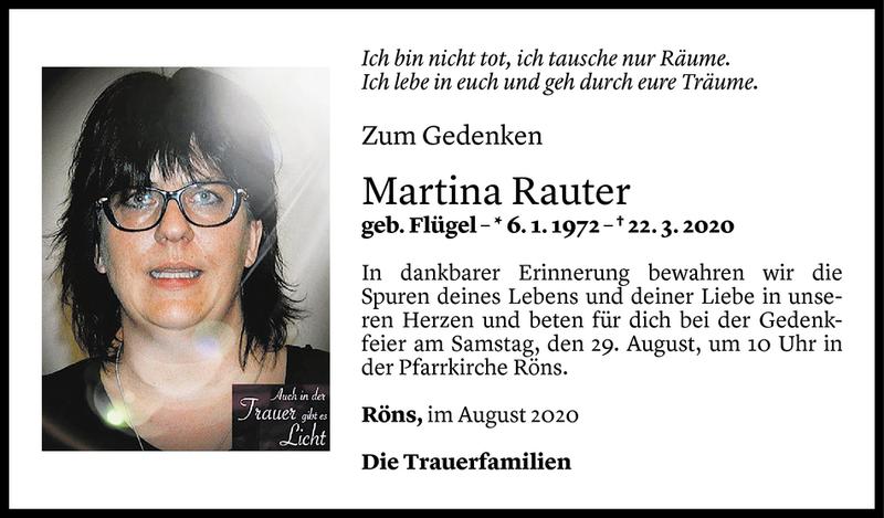  Todesanzeige für Martina Rauter vom 26.08.2020 aus Vorarlberger Nachrichten