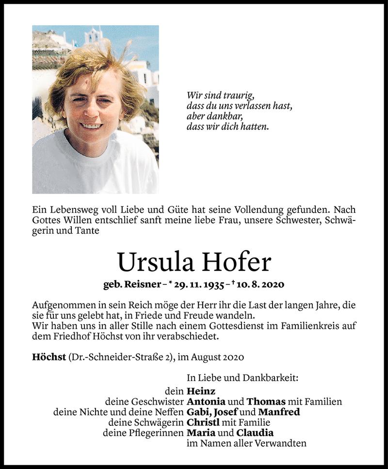  Todesanzeige für Ursula Hofer vom 16.08.2020 aus Vorarlberger Nachrichten