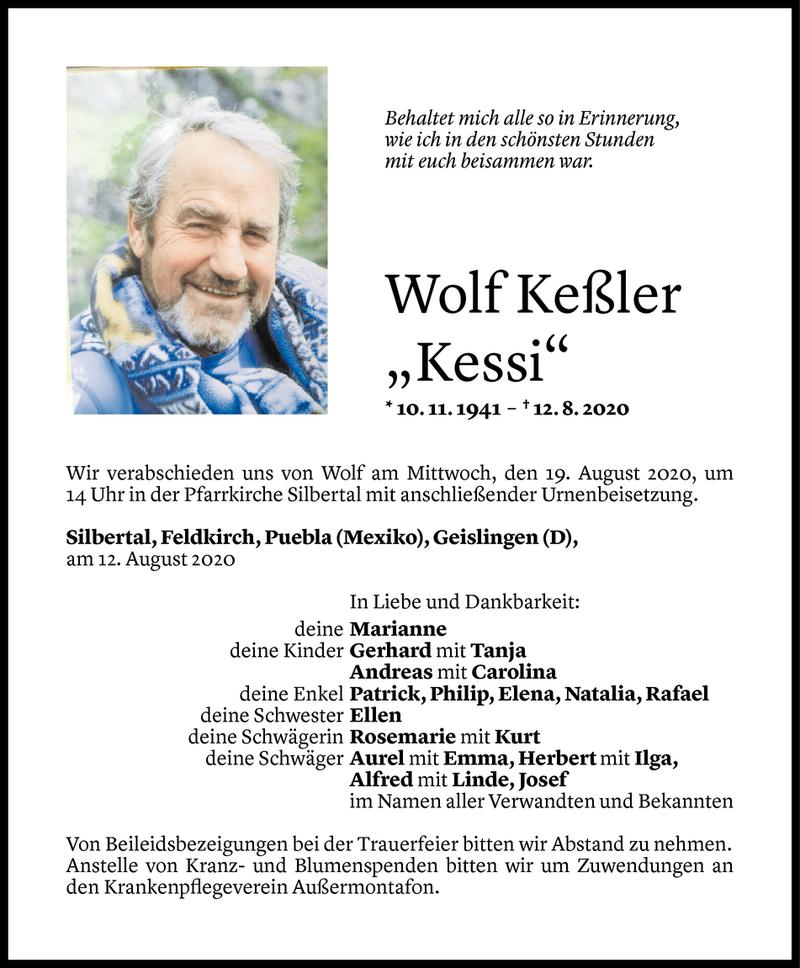  Todesanzeige für Wolf Keßler vom 16.08.2020 aus Vorarlberger Nachrichten