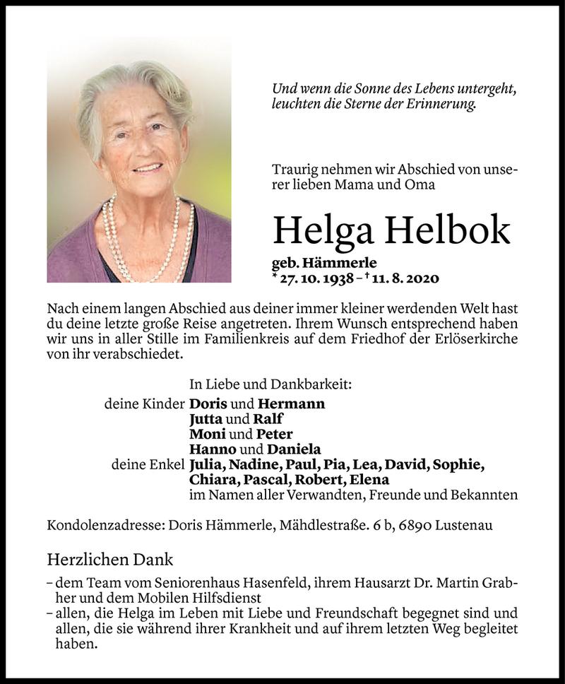  Todesanzeige für Helga Helbok vom 18.08.2020 aus Vorarlberger Nachrichten