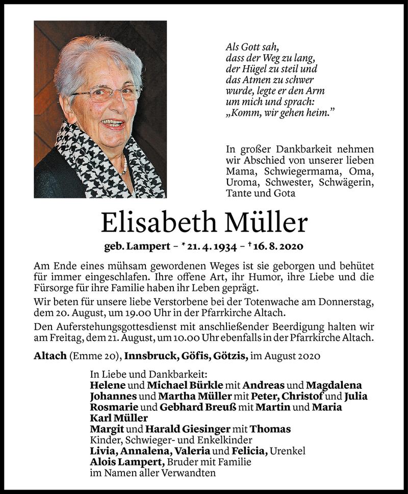  Todesanzeige für Elisabeth Müller vom 18.08.2020 aus Vorarlberger Nachrichten