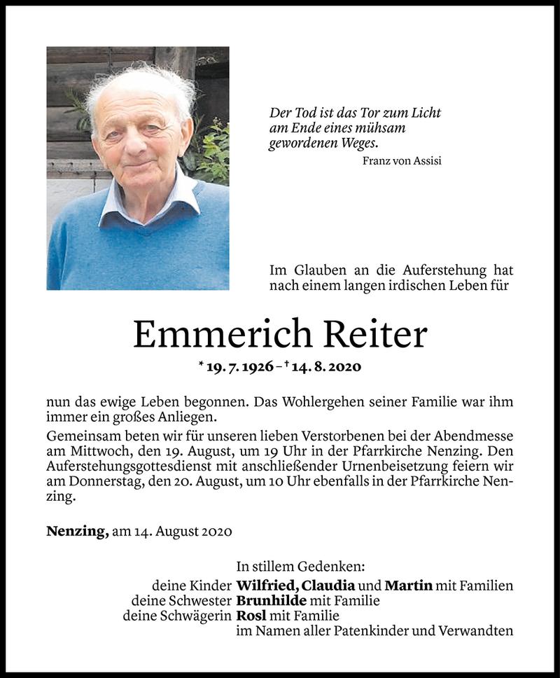  Todesanzeige für Emmerich Reiter vom 17.08.2020 aus Vorarlberger Nachrichten