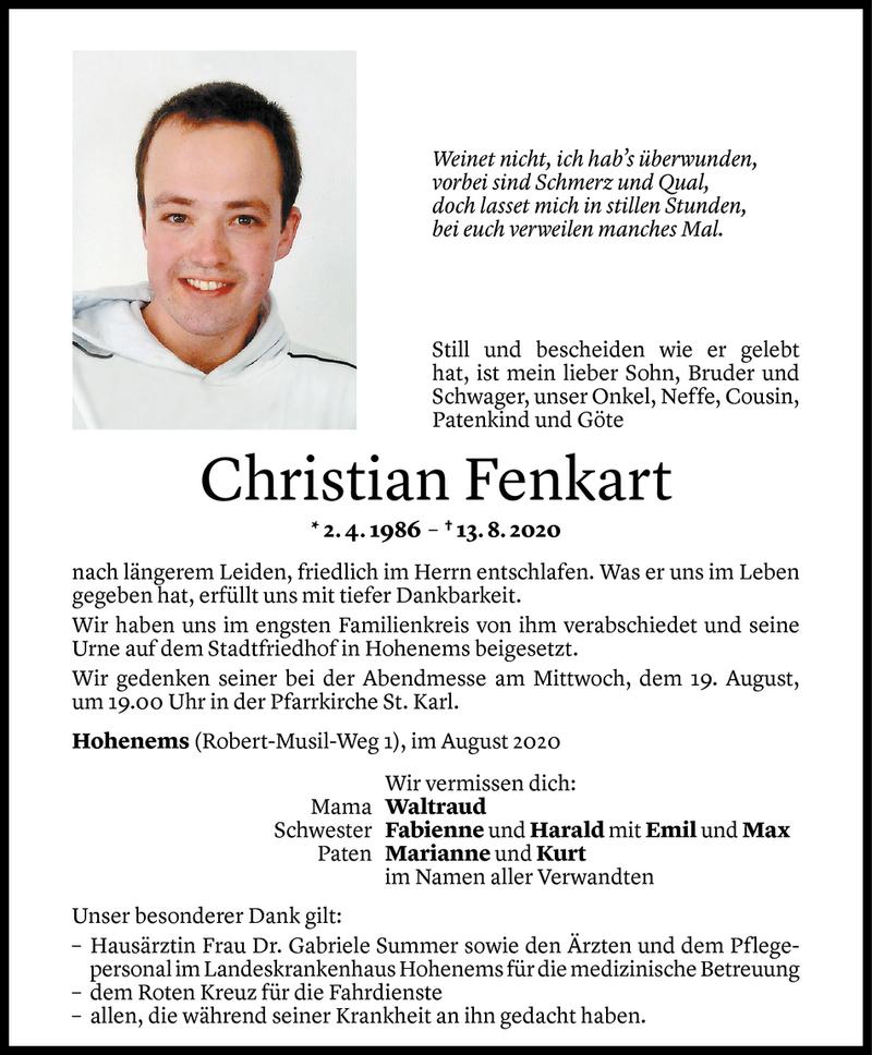  Todesanzeige für Christian Fenkart vom 19.08.2020 aus Vorarlberger Nachrichten