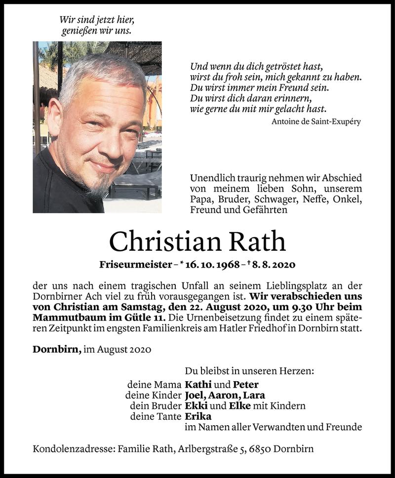  Todesanzeige für Christian Rath vom 18.08.2020 aus Vorarlberger Nachrichten