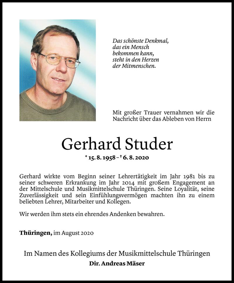  Todesanzeige für Gerhard Studer vom 19.08.2020 aus Vorarlberger Nachrichten