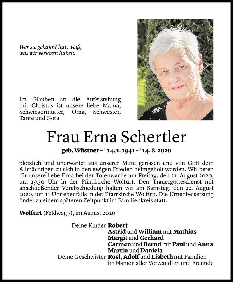  Todesanzeige für Erna Schertler vom 18.08.2020 aus Vorarlberger Nachrichten