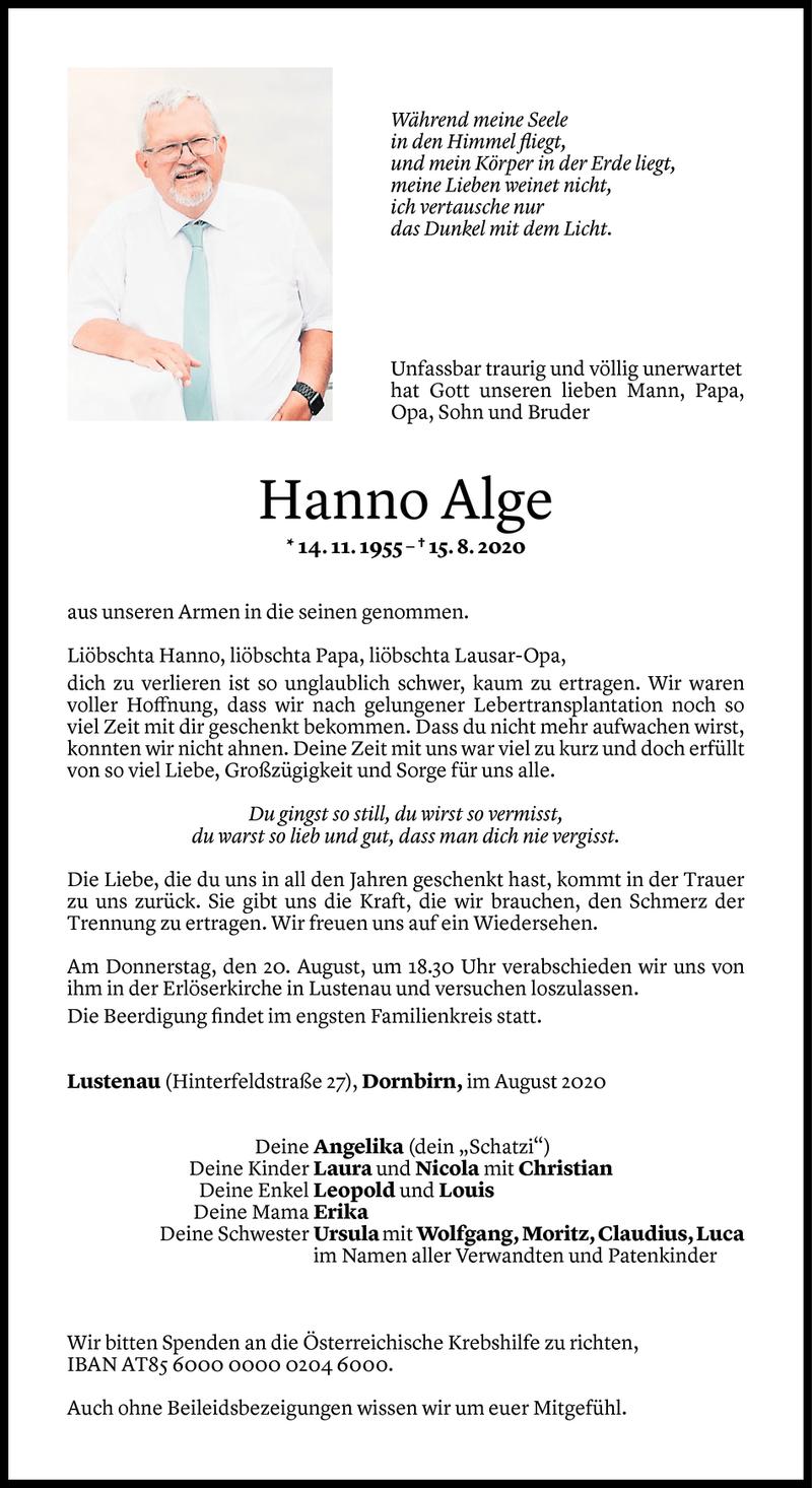  Todesanzeige für Hanno Alge vom 18.08.2020 aus Vorarlberger Nachrichten