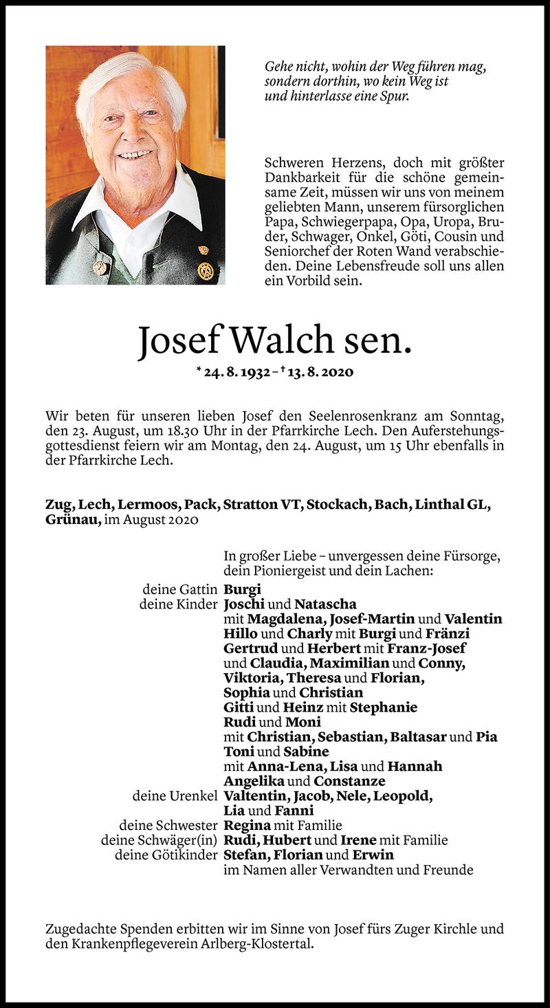  Todesanzeige für Josef Walch vom 20.08.2020 aus Vorarlberger Nachrichten