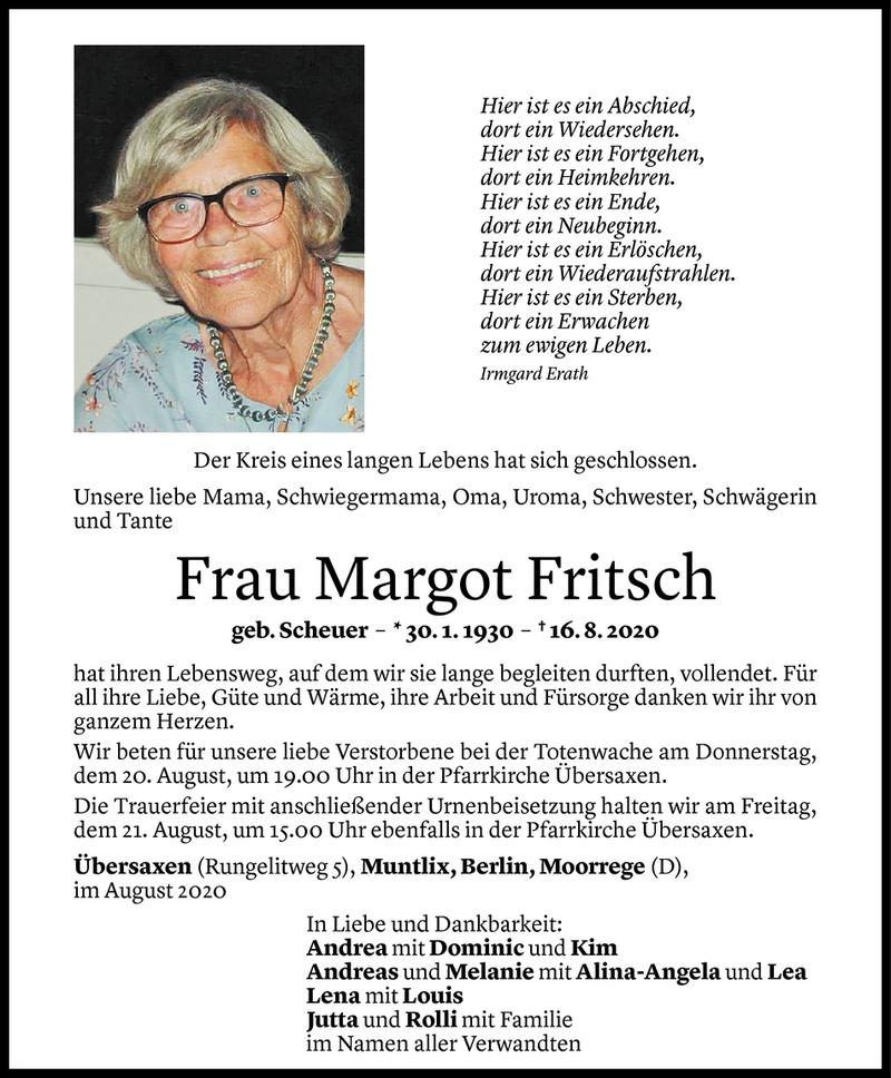  Todesanzeige für Margot Fritsch vom 19.08.2020 aus Vorarlberger Nachrichten