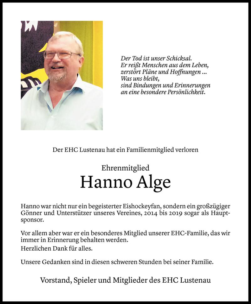  Todesanzeige für Hanno Alge vom 18.08.2020 aus Vorarlberger Nachrichten
