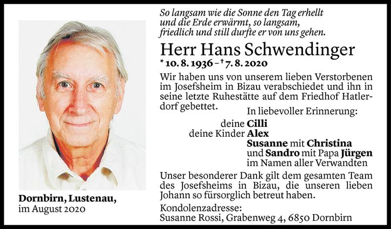  Todesanzeige für Hans Schwendinger vom 20.08.2020 aus Vorarlberger Nachrichten