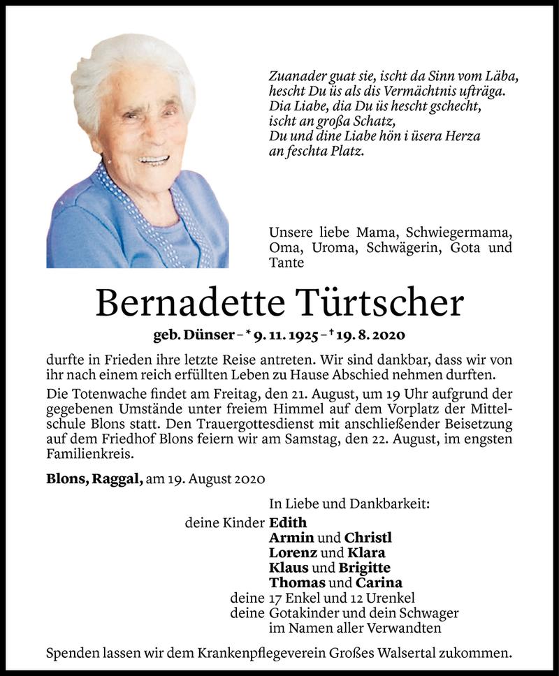  Todesanzeige für Bernadette Türtscher vom 19.08.2020 aus Vorarlberger Nachrichten
