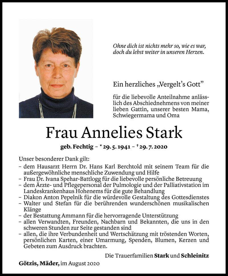  Todesanzeige für Annelies Stark vom 21.08.2020 aus Vorarlberger Nachrichten