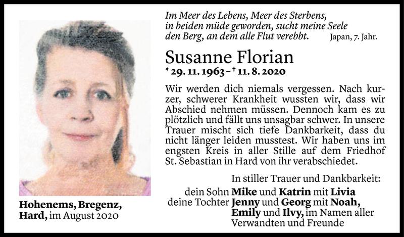  Todesanzeige für Susanne Florian vom 21.08.2020 aus Vorarlberger Nachrichten