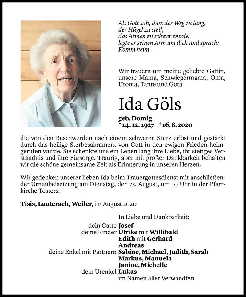  Todesanzeige für Ida Göls vom 20.08.2020 aus Vorarlberger Nachrichten