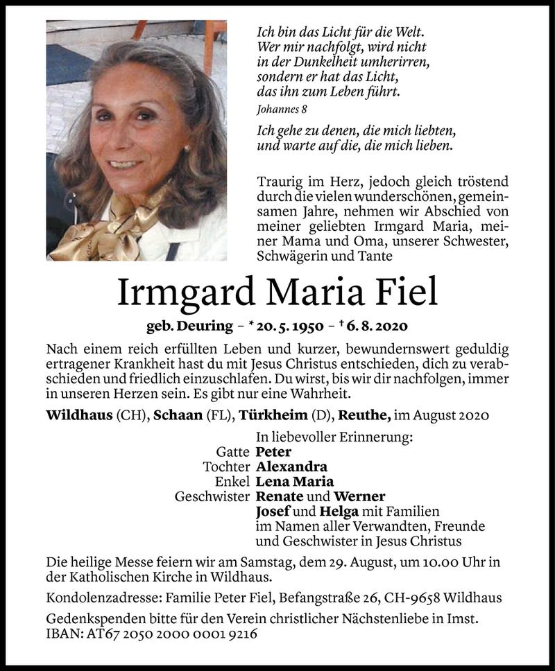  Todesanzeige für Irmgard Fiel vom 22.08.2020 aus Vorarlberger Nachrichten