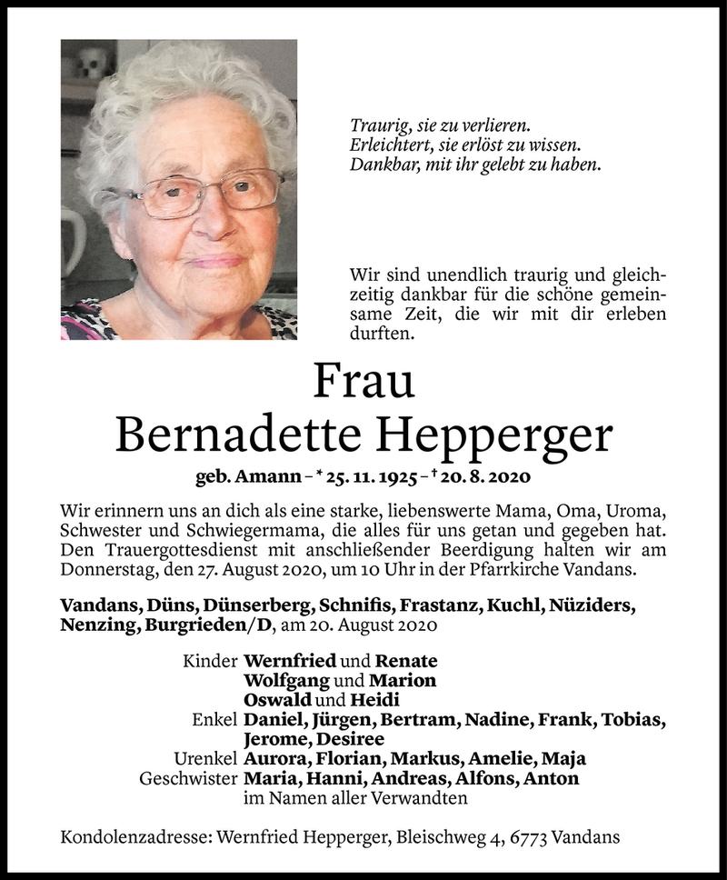  Todesanzeige für Bernadette Hepperger vom 23.08.2020 aus Vorarlberger Nachrichten