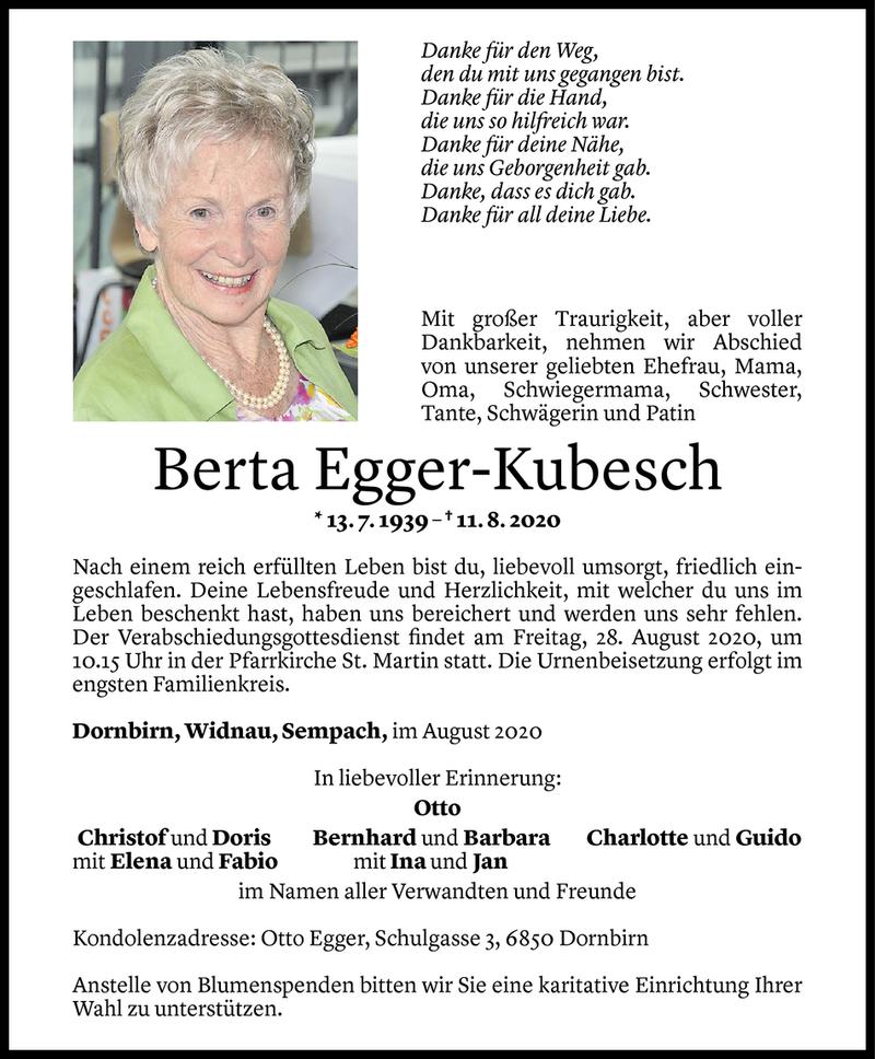  Todesanzeige für Berta Egger-Kubesch vom 24.08.2020 aus Vorarlberger Nachrichten