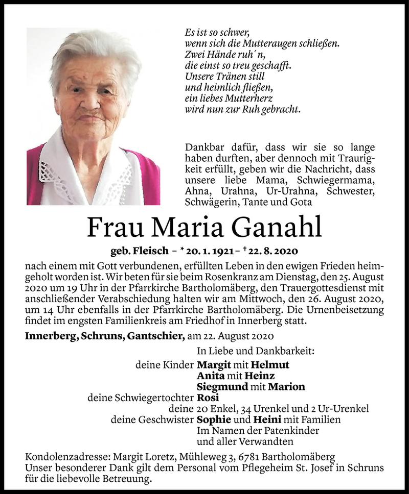  Todesanzeige für Maria Ganahl vom 23.08.2020 aus Vorarlberger Nachrichten