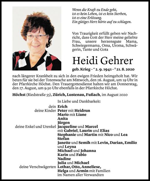 Todesanzeigen von Heidi Gehrer | Todesanzeigen Vorarlberger Nachrichten