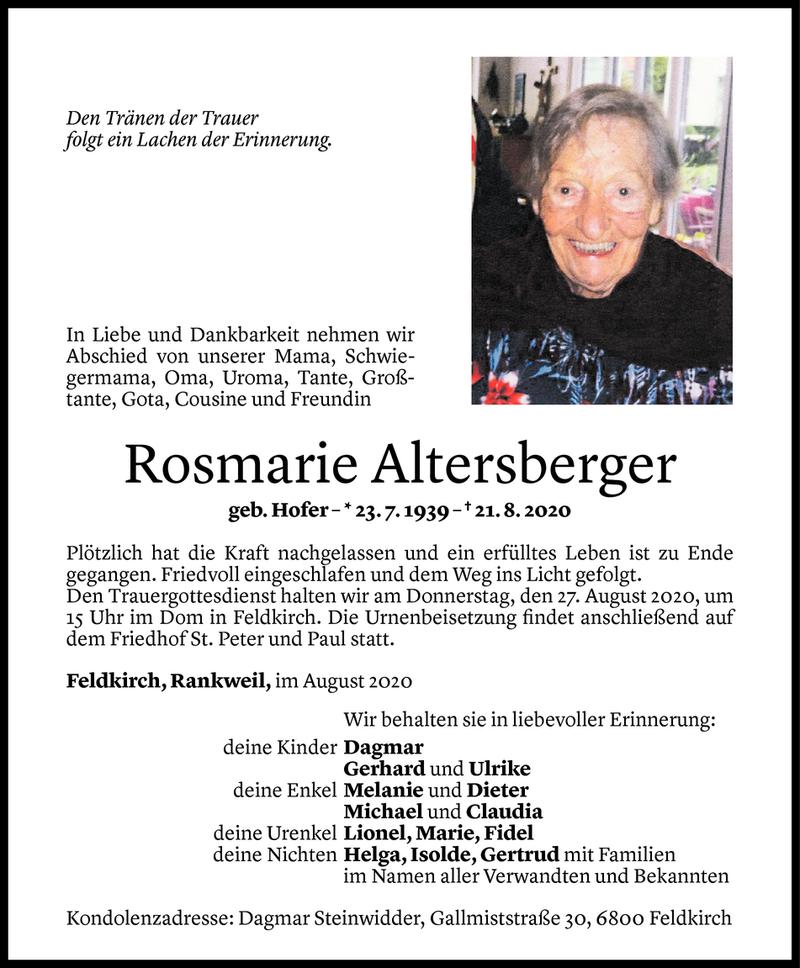  Todesanzeige für Rosmarie Altersberger vom 24.08.2020 aus Vorarlberger Nachrichten