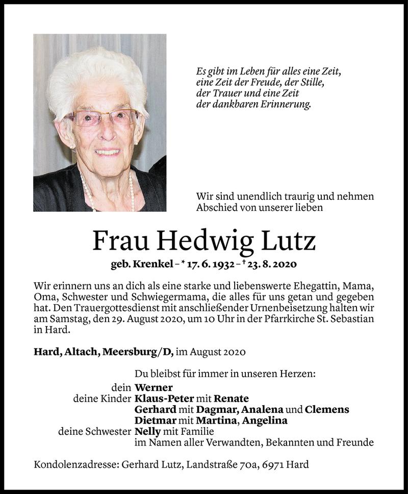  Todesanzeige für Hedwig Lutz vom 25.08.2020 aus Vorarlberger Nachrichten