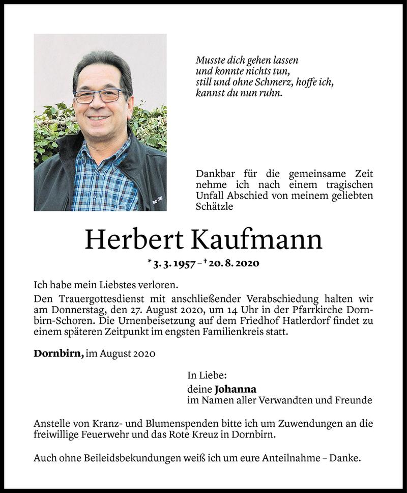  Todesanzeige für Herbert Kaufmann vom 25.08.2020 aus Vorarlberger Nachrichten