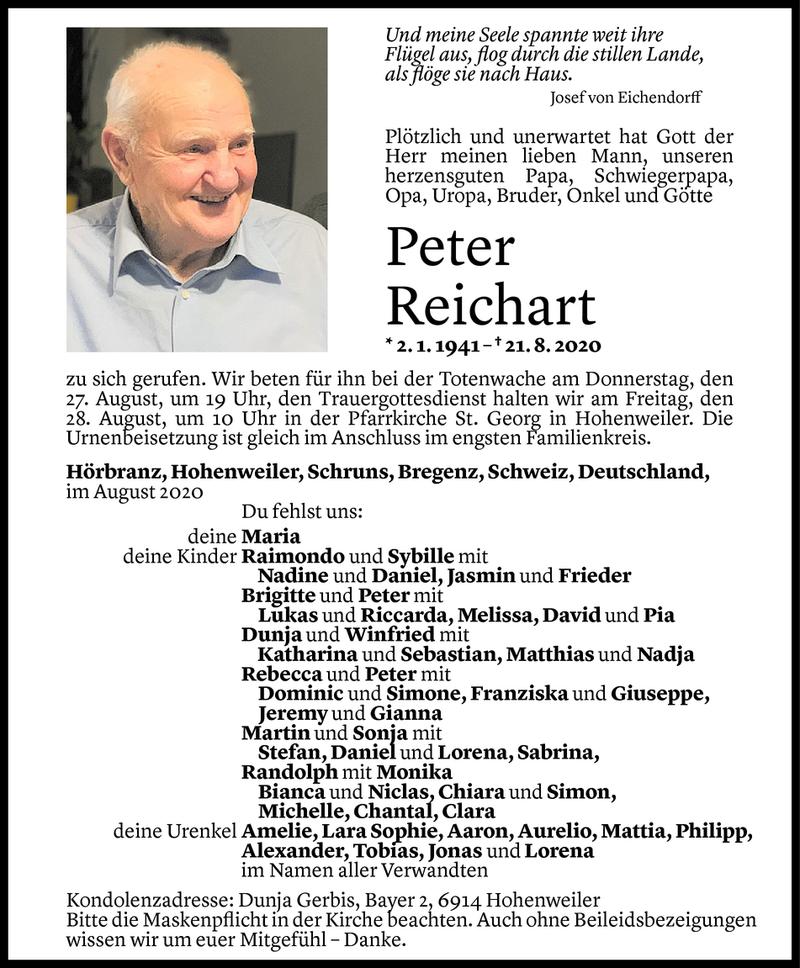  Todesanzeige für Peter Reichart vom 25.08.2020 aus Vorarlberger Nachrichten