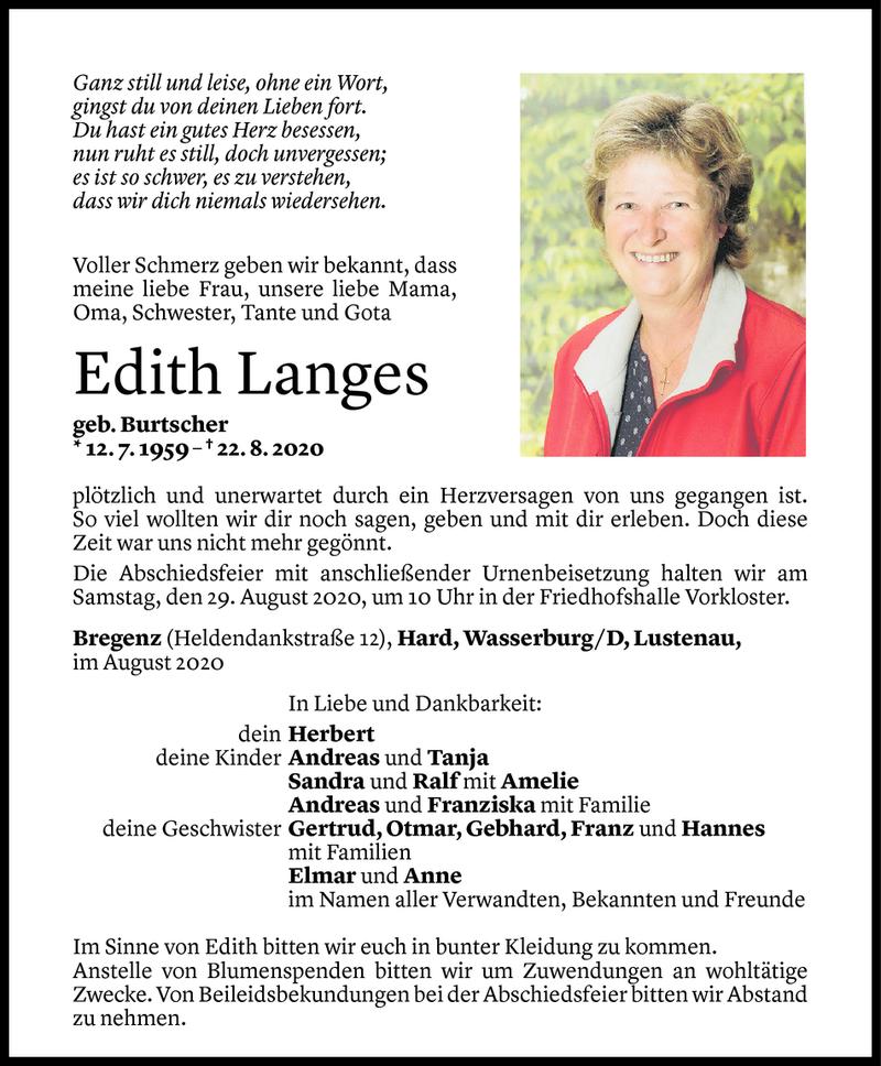  Todesanzeige für Edith Langes vom 26.08.2020 aus Vorarlberger Nachrichten