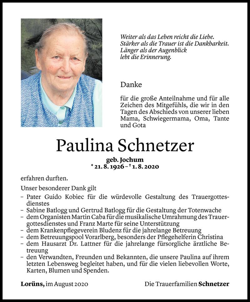 Todesanzeige für Paulina Schnetzer vom 29.08.2020 aus Vorarlberger Nachrichten