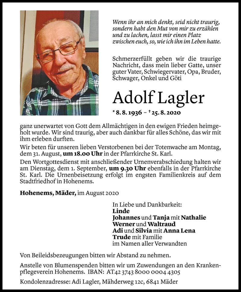  Todesanzeige für Adolf Lagler vom 28.08.2020 aus Vorarlberger Nachrichten