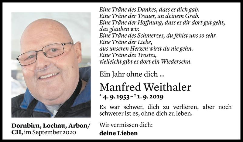  Todesanzeige für Manfred Weithaler vom 31.08.2020 aus Vorarlberger Nachrichten