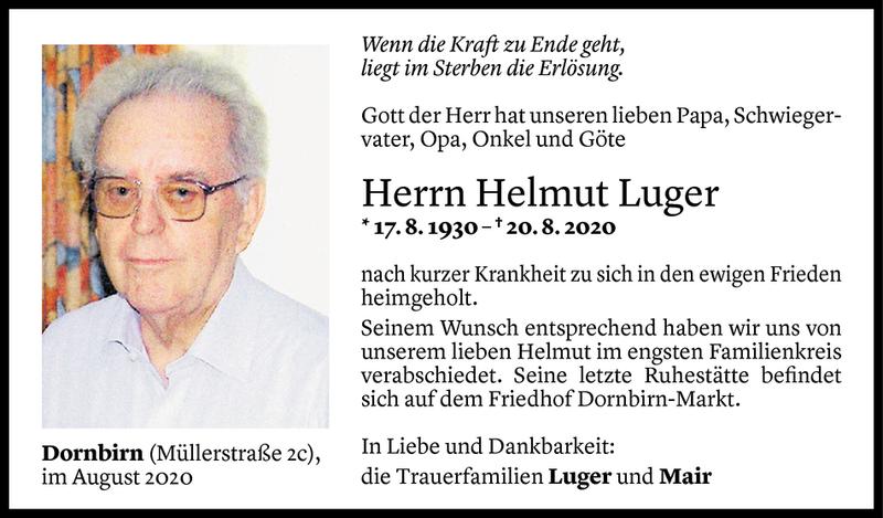  Todesanzeige für Helmut Luger vom 29.08.2020 aus Vorarlberger Nachrichten