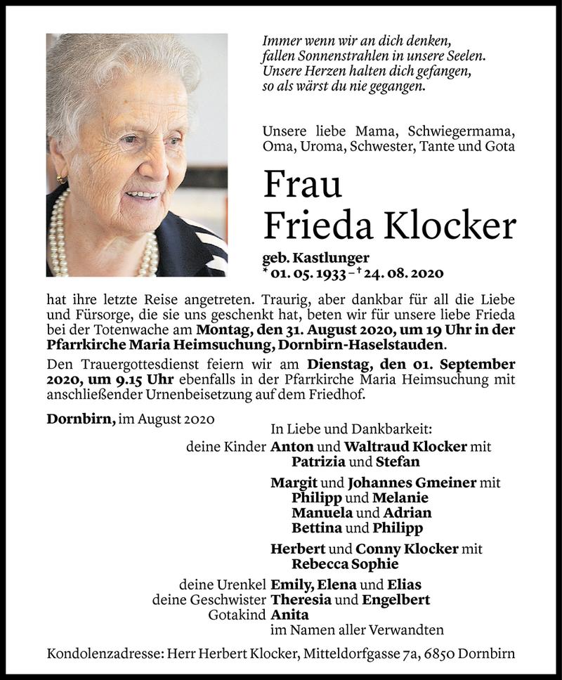  Todesanzeige für Frieda Klocker vom 27.08.2020 aus Vorarlberger Nachrichten
