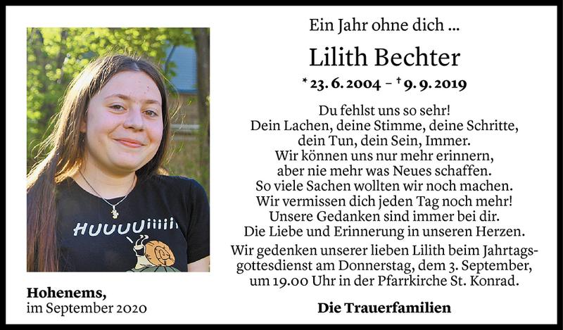  Todesanzeige für Lilith Bechter vom 01.09.2020 aus Vorarlberger Nachrichten