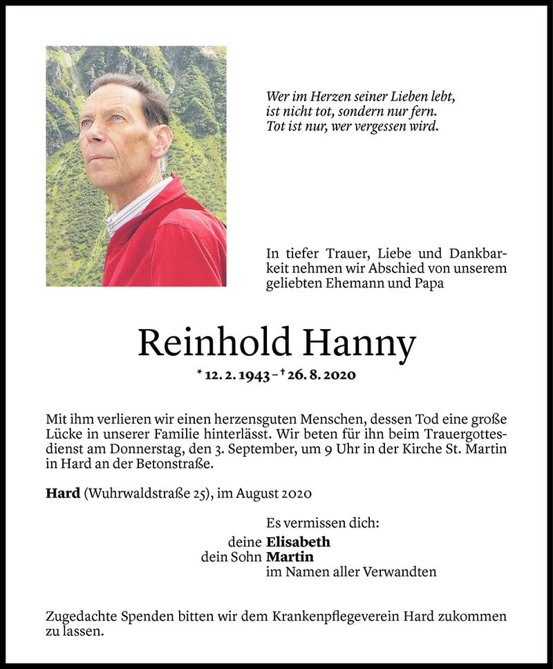  Todesanzeige für Reinhold Hanny vom 28.08.2020 aus Vorarlberger Nachrichten