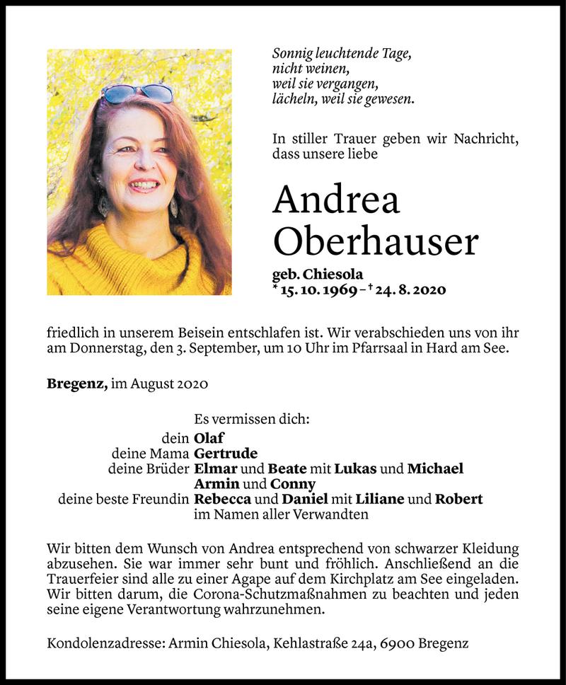  Todesanzeige für Andrea Oberhauser vom 28.08.2020 aus Vorarlberger Nachrichten