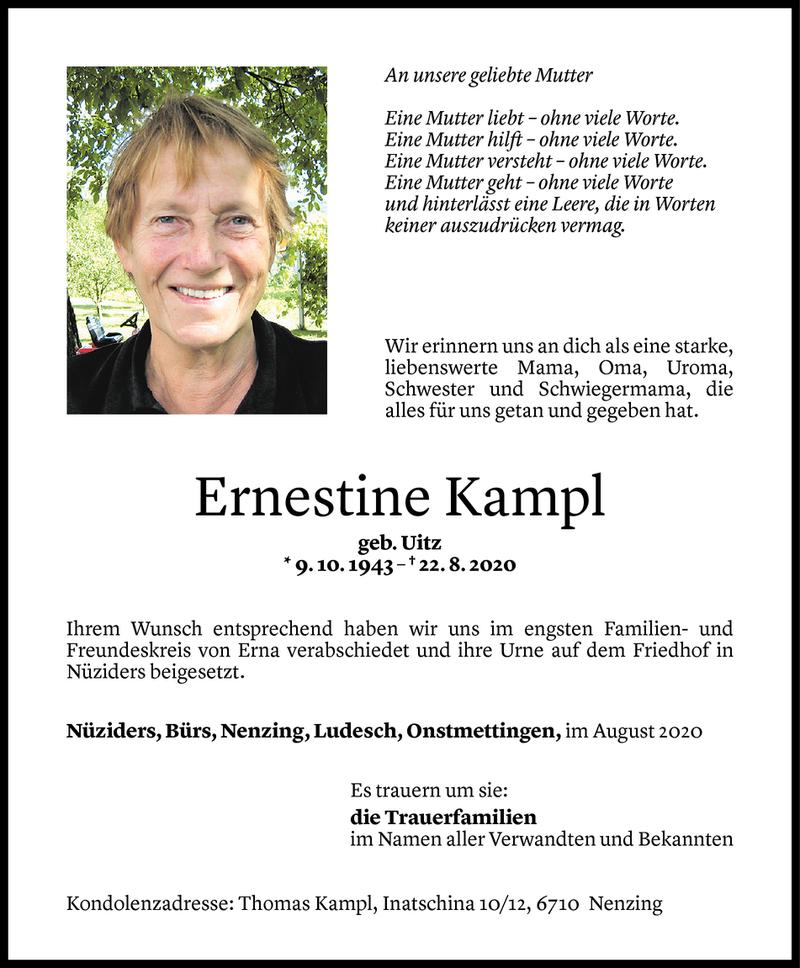  Todesanzeige für Ernestine Kampl vom 02.09.2020 aus Vorarlberger Nachrichten