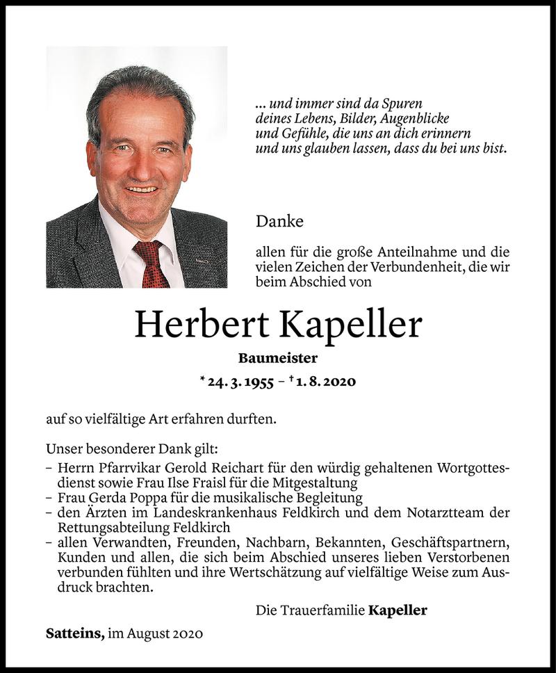  Todesanzeige für Herbert Kapeller vom 28.08.2020 aus Vorarlberger Nachrichten