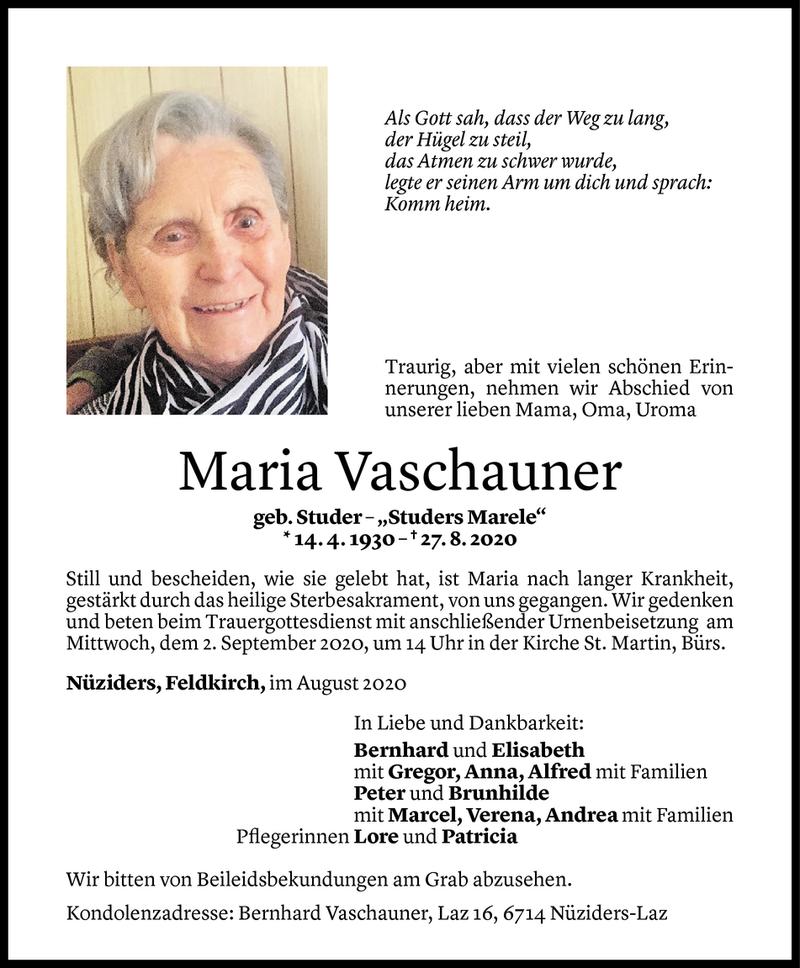  Todesanzeige für Maria Vaschauner vom 28.08.2020 aus Vorarlberger Nachrichten