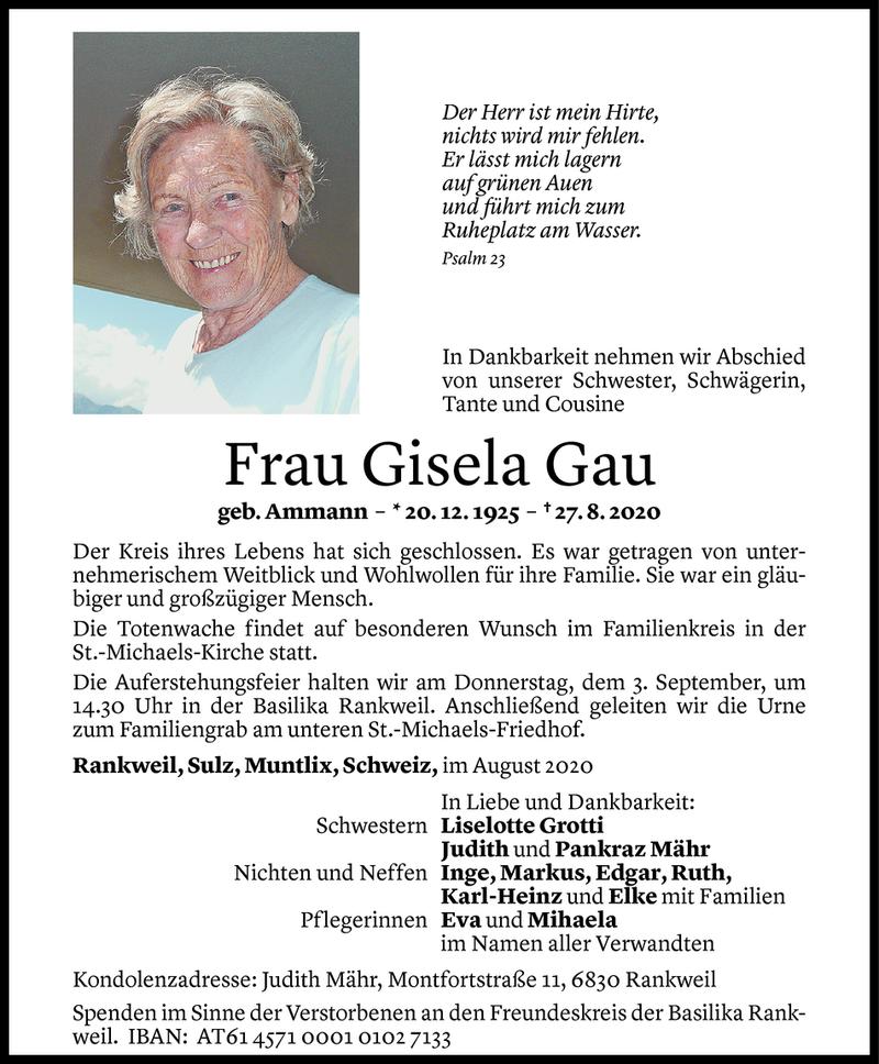  Todesanzeige für Gisela Gau vom 29.08.2020 aus Vorarlberger Nachrichten